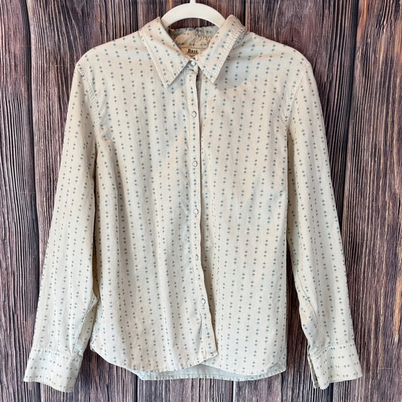 Bass Tops - Bass Cream Button Down Shirt with Blue Pattern